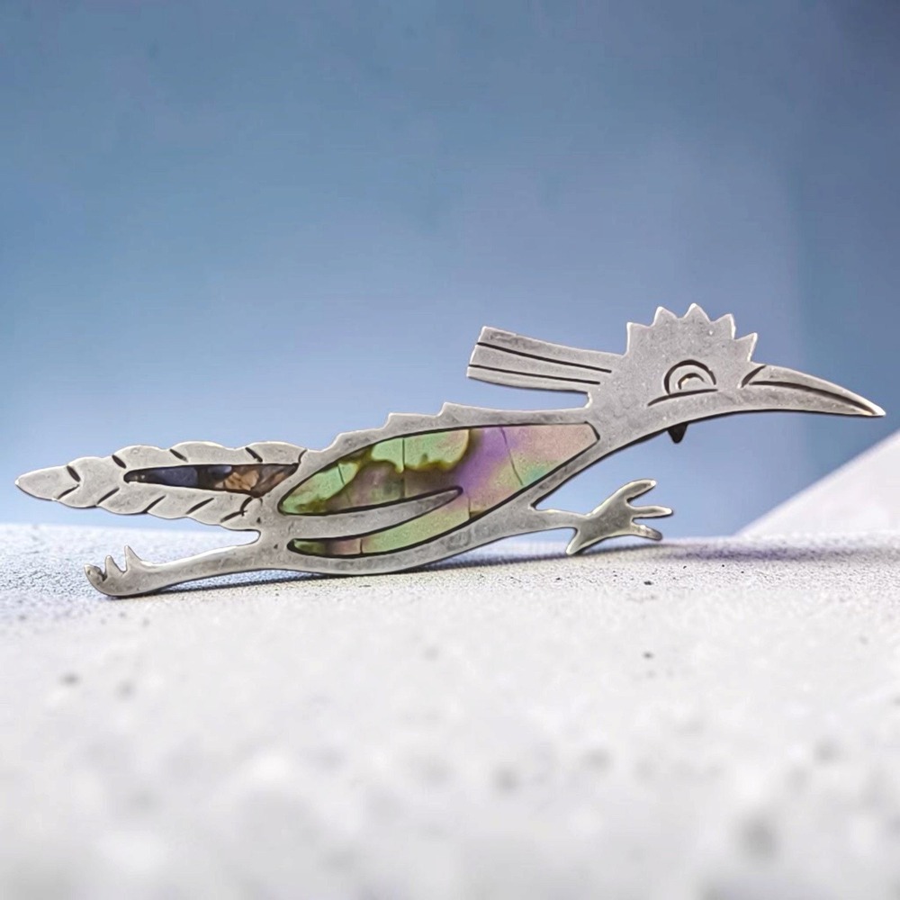 Vintage Taxco JRC 925 Sterling Silver Abalone Roadrunner Brooch Eagle 3 Mexico